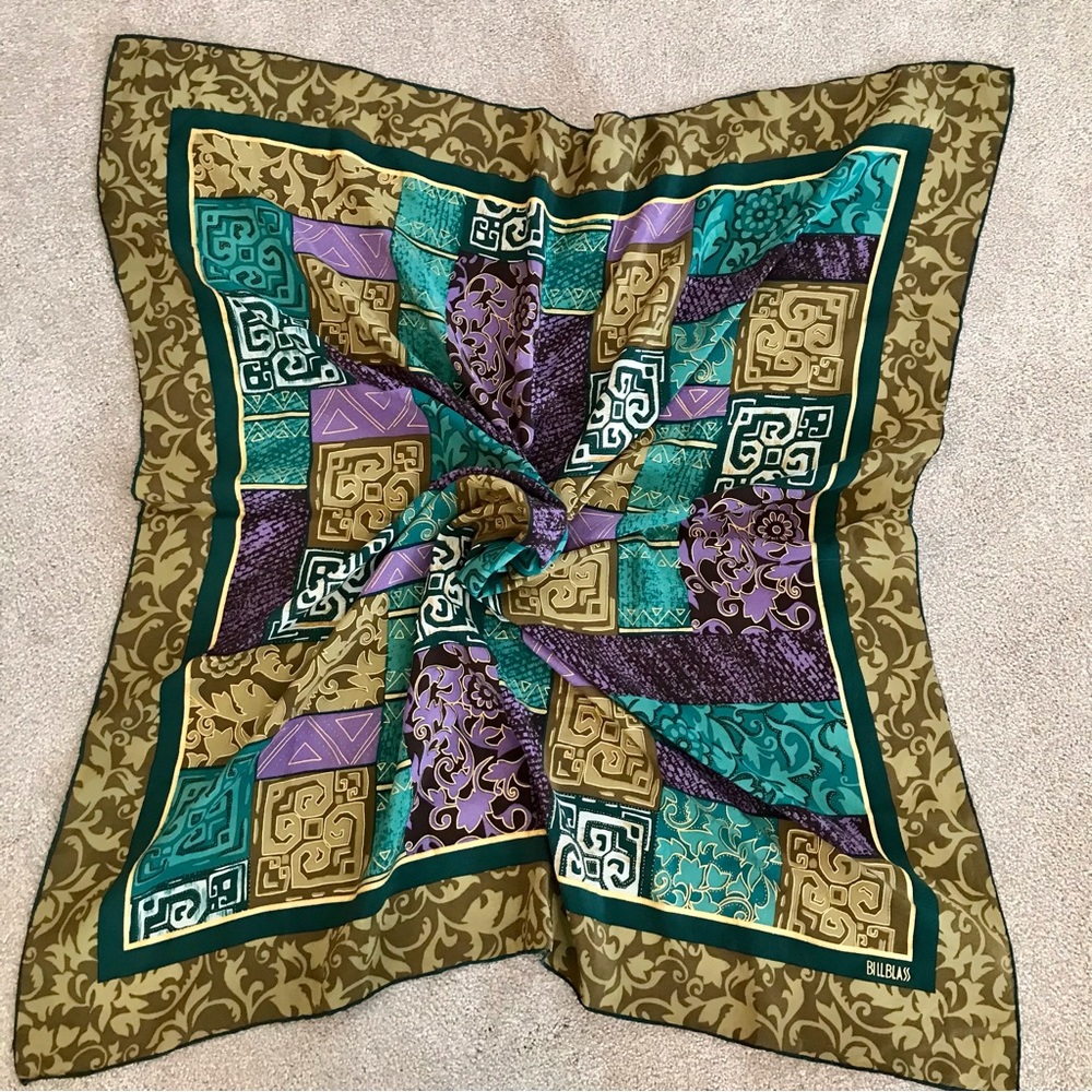 Bill Blass gorgeous silk scarf with gold embellishments. Like new. 32x35”